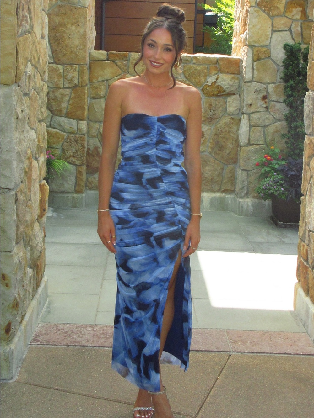 Abercrombie & Fitch Navy Blue Printed Ruched Gown